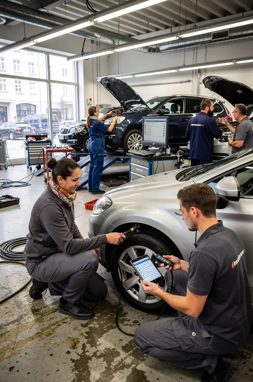 Detaillierte Kontrolle der Bremsanlage und Reifen vor dem Kauf eines gebrauchten Autos.