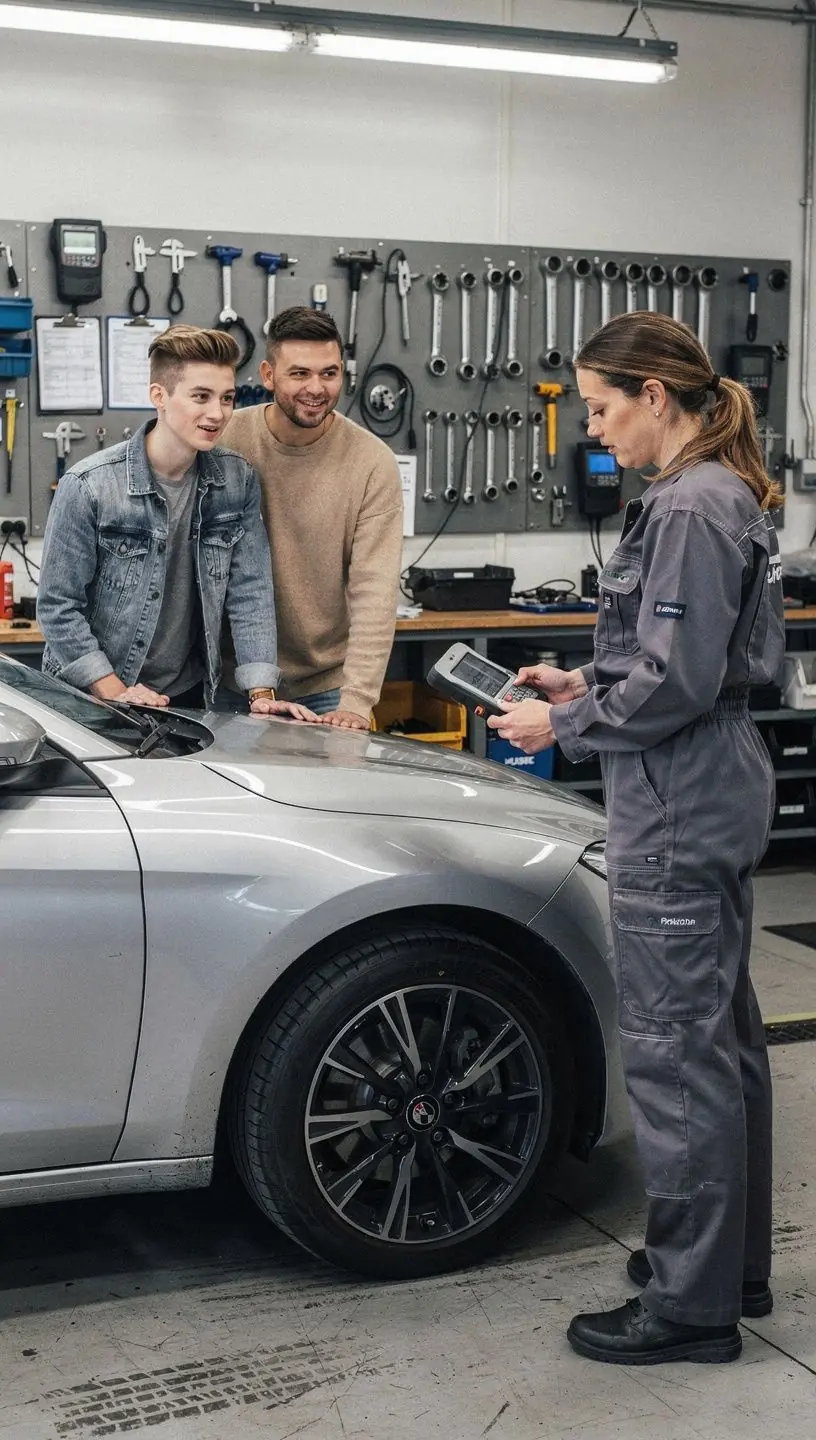Mechaniker prüft sorgfältig den Motorraum eines gebrauchten Fahrzeugs vor dem Kauf.
